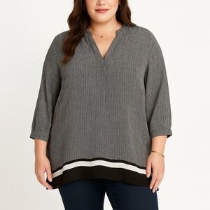 Cynthia Rowley Woman 2X Black White Print 3/4 Sleeve V Neck Blouse‎ Top Tunic